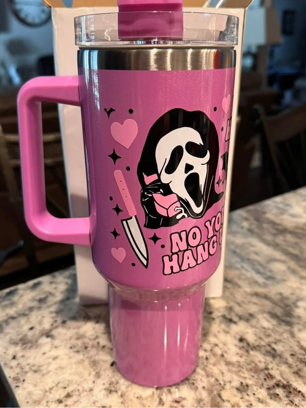 Ghost face Pink Horror Scream Travel Mug stainless steel NEW IN BOX WITH STRAW